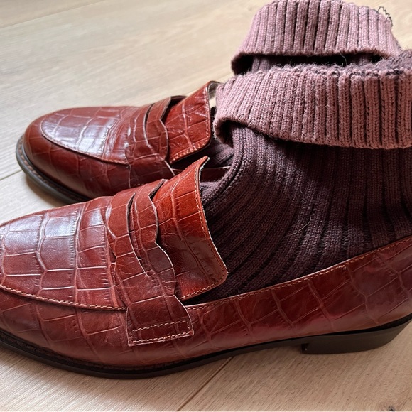 Maroon sock Penny Loafers alligator style leather chunky heel classic slip on - Picture 1 of 16